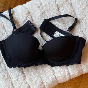 Aerie Black Lace Trim Strapless Push Up Bra